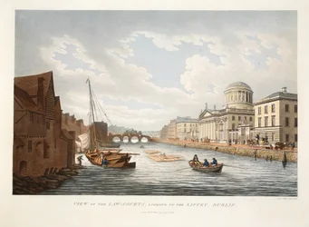 Vista, de, a, cortes lei, olhar, a, liffey, dublin, 1799, (hand-colored, engraving)